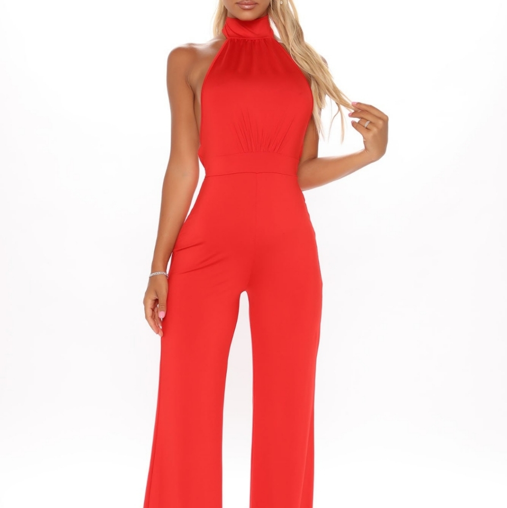 RED HALTER JUMPSUIT